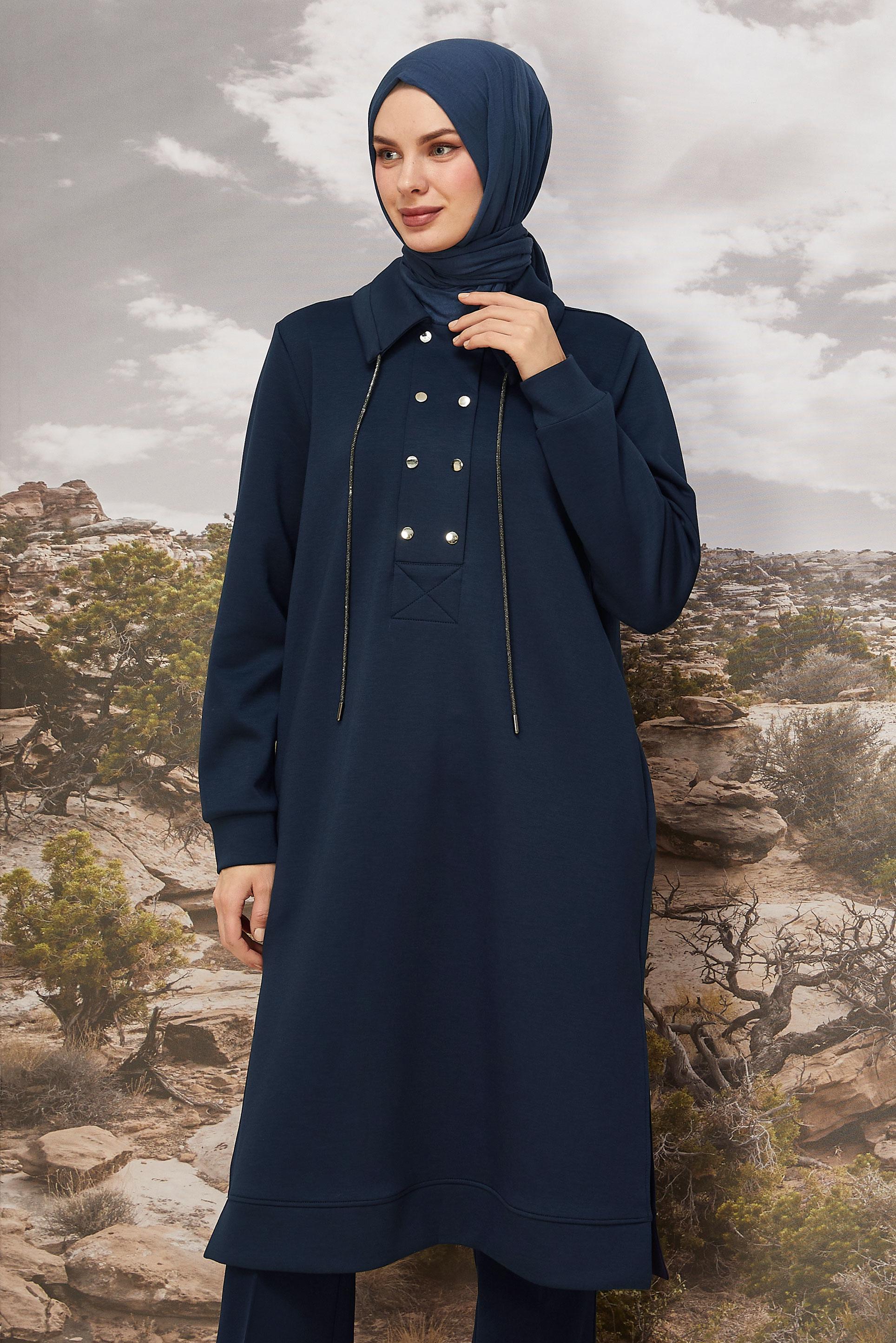 Hijab clothing NAVY BLUE SHIRT COLLAR TRACKSUIT TUNIC 46070