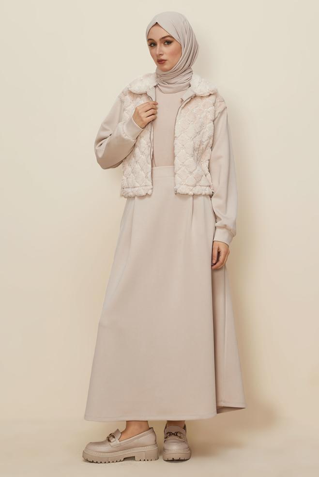 Tesettür giyim BEJ ETEKLİ EŞOFMAN TAKIMI 46071 - ALVİNA