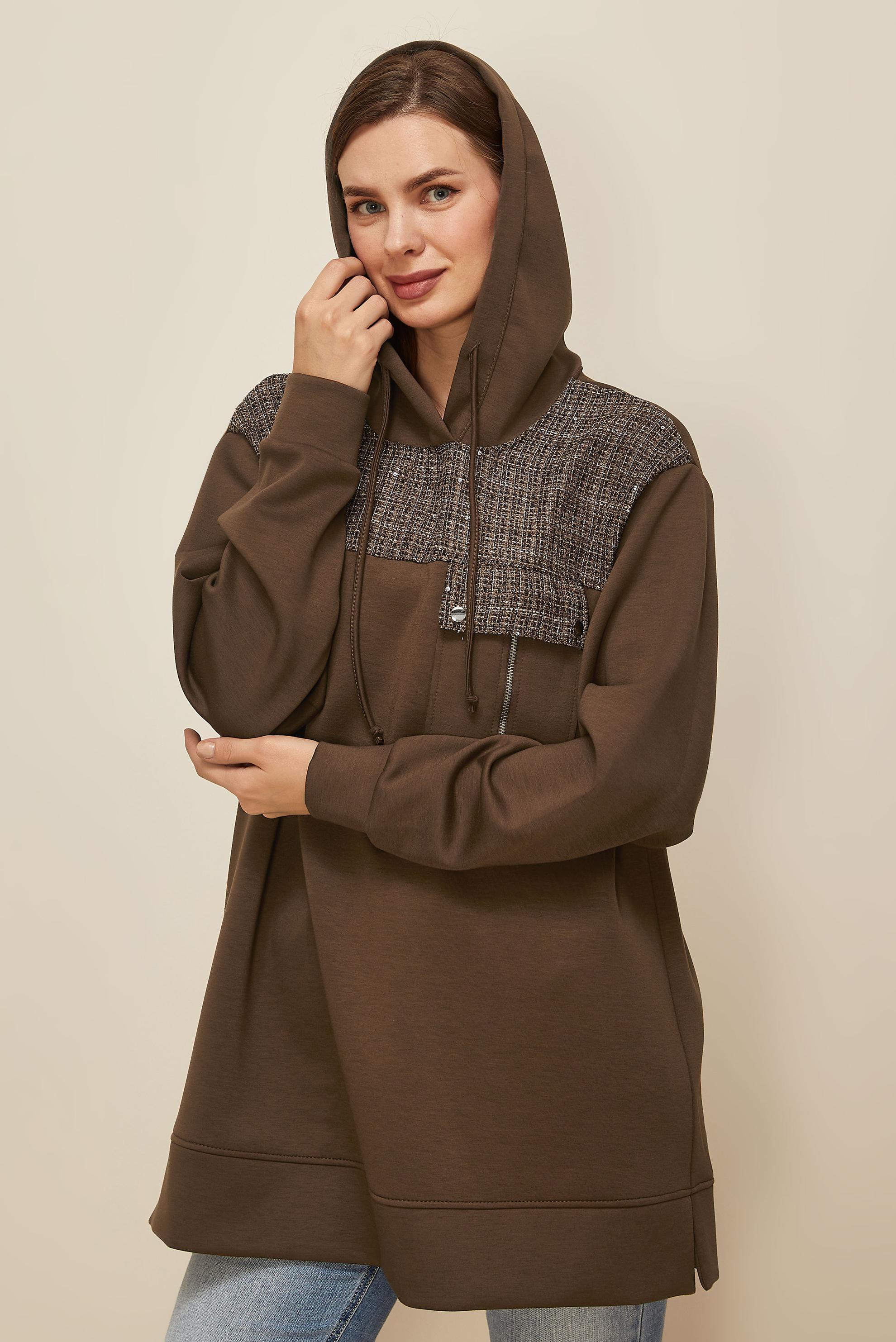 Tesettür giyim KAHVE 46073 OYSHO EŞOFMAN TUNİK 38-44 TEK 40