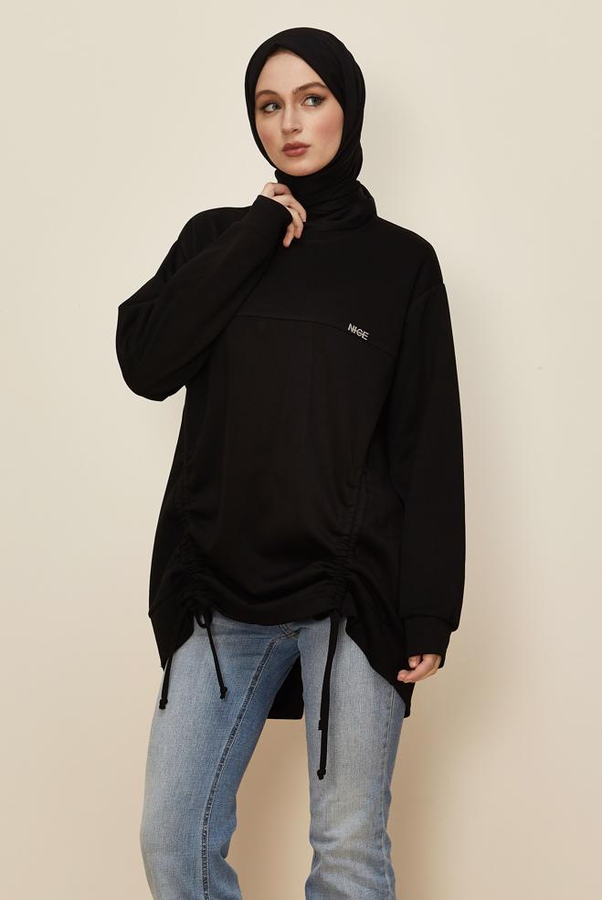 Tesettür giyim SİYAH BÜZGÜ DETAYLI EŞOFMAN TUNİK 46095 - ALVİNA