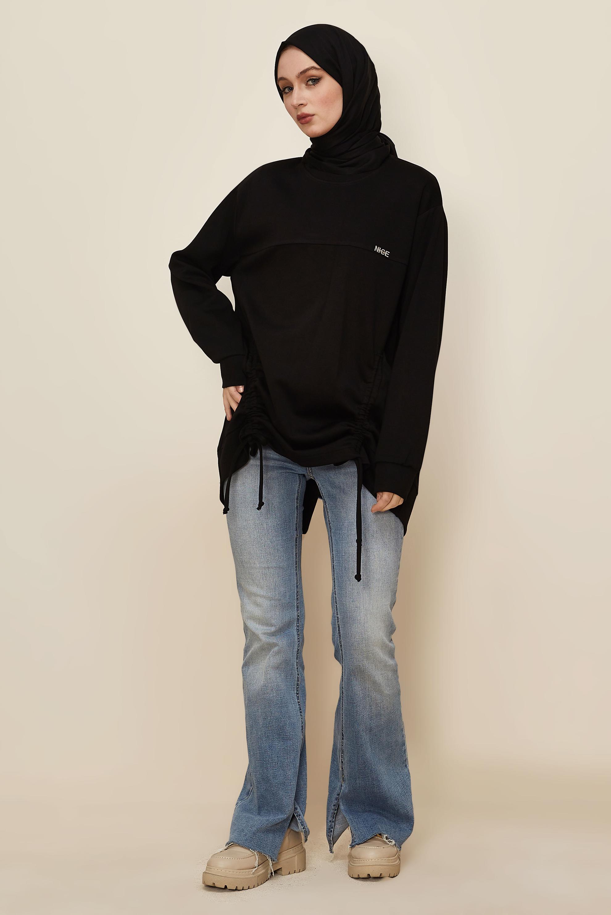 Tesettür giyim SİYAH BÜZGÜ DETAYLI EŞOFMAN TUNİK 46095