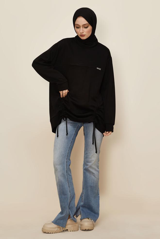 Tesettür giyim SİYAH BÜZGÜ DETAYLI EŞOFMAN TUNİK 46095 - ALVİNA