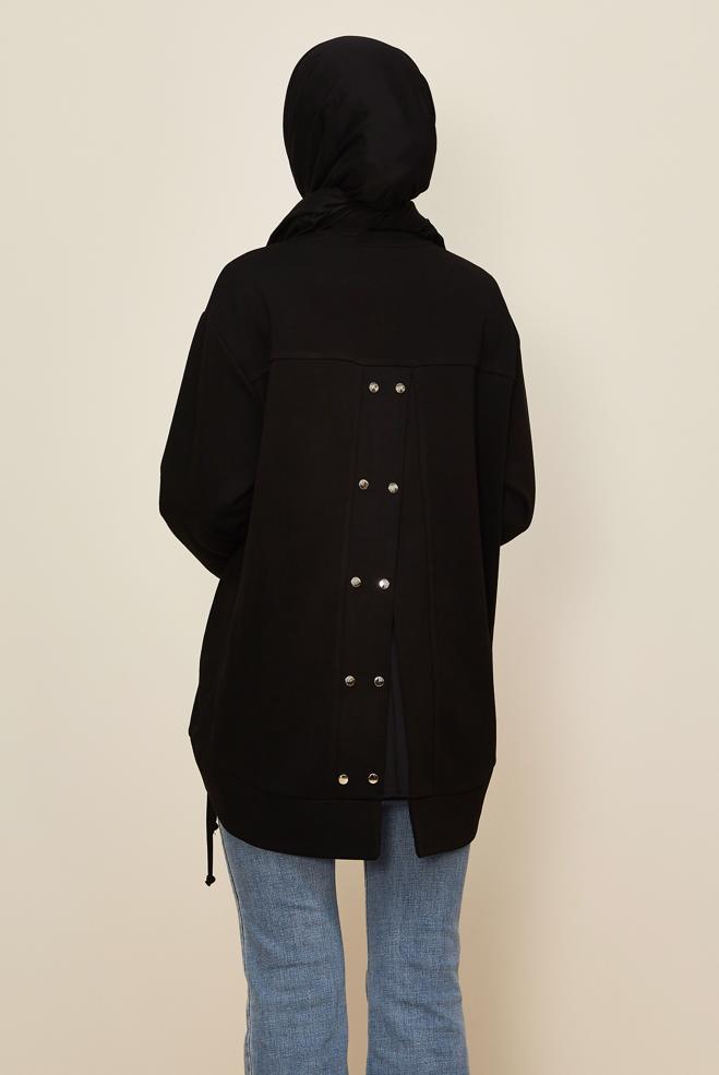 Tesettür giyim SİYAH BÜZGÜ DETAYLI EŞOFMAN TUNİK 46095 - ALVİNA