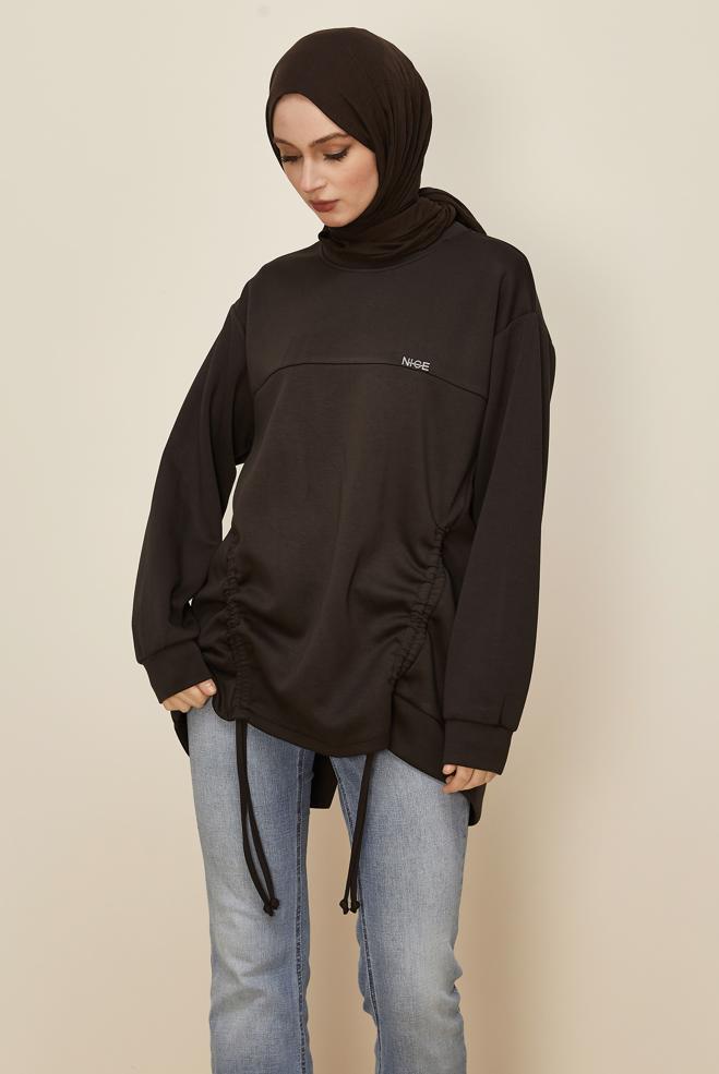 Tesettür giyim KAHVE BÜZGÜ DETAYLI EŞOFMAN TUNİK 46095 - ALVİNA