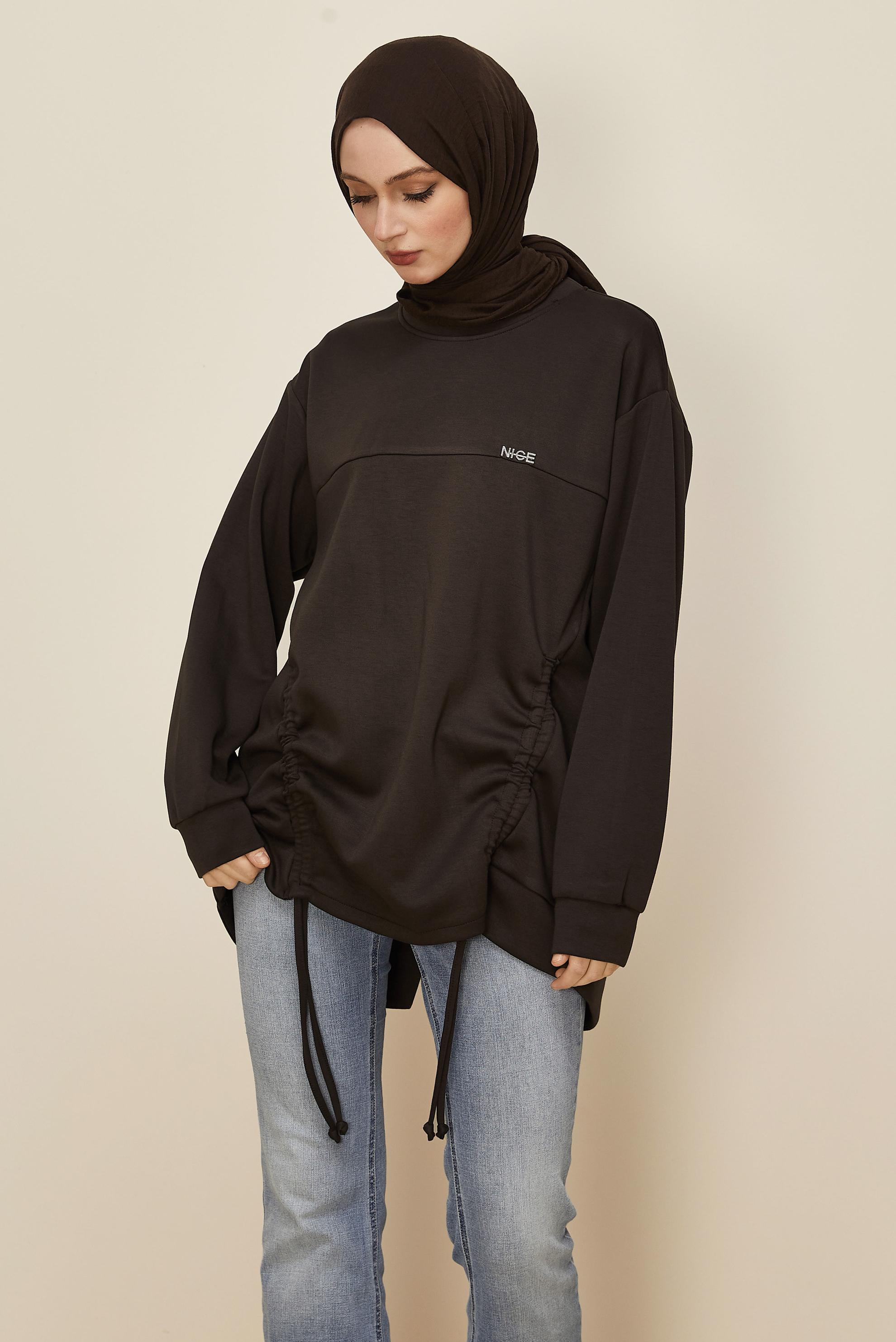 Tesettür giyim KAHVE BÜZGÜ DETAYLI EŞOFMAN TUNİK 46095