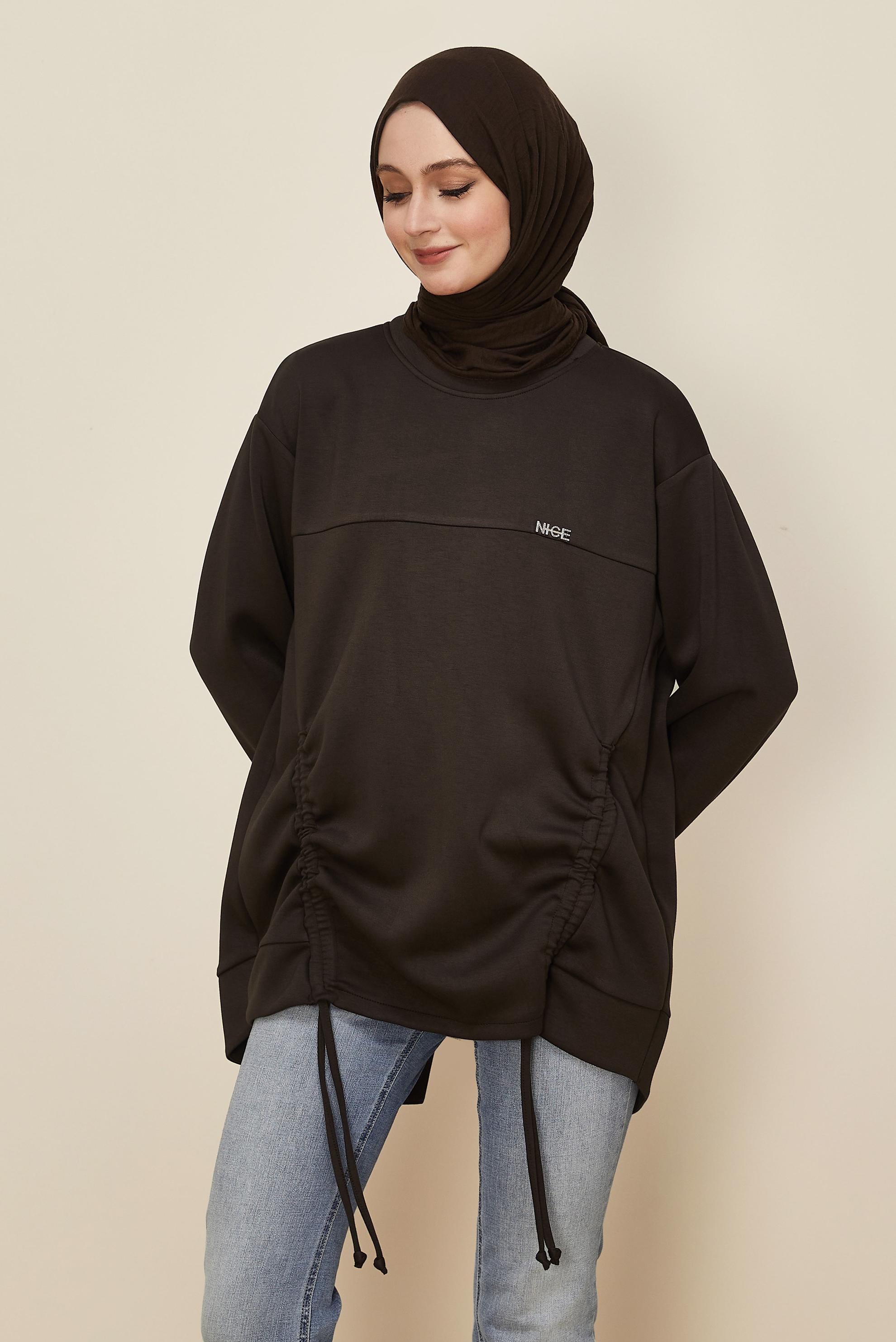 Tesettür giyim KAHVE BÜZGÜ DETAYLI EŞOFMAN TUNİK 46095