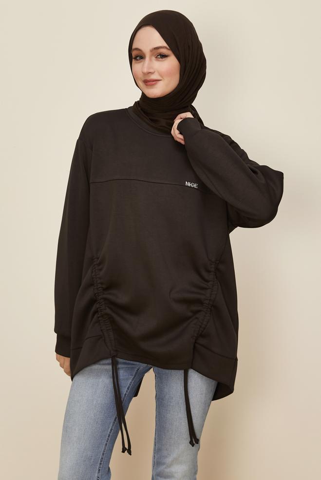 Tesettür giyim KAHVE BÜZGÜ DETAYLI EŞOFMAN TUNİK 46095 - ALVİNA