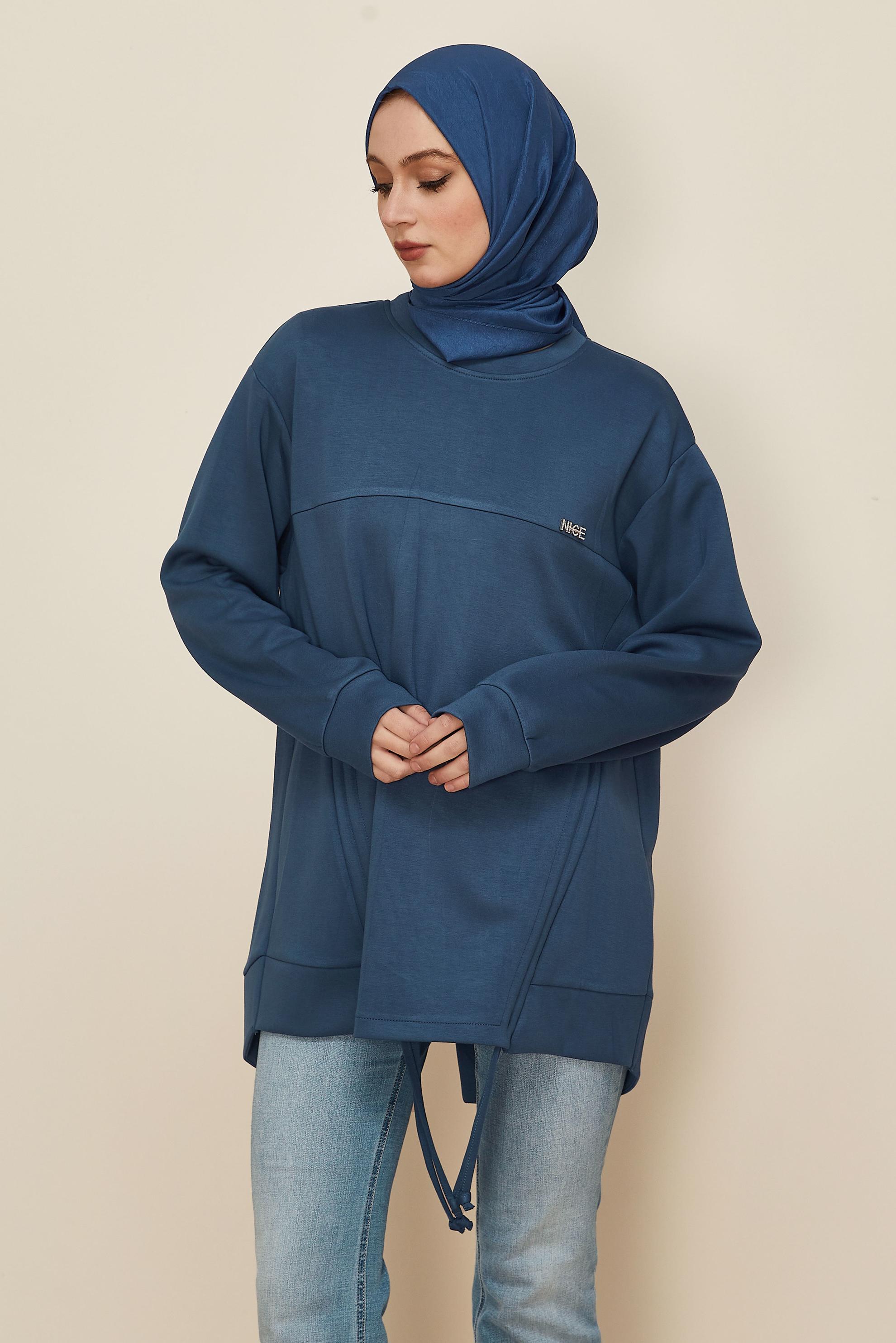 Tesettür giyim MAVİ BÜZGÜ DETAYLI EŞOFMAN TUNİK 46095