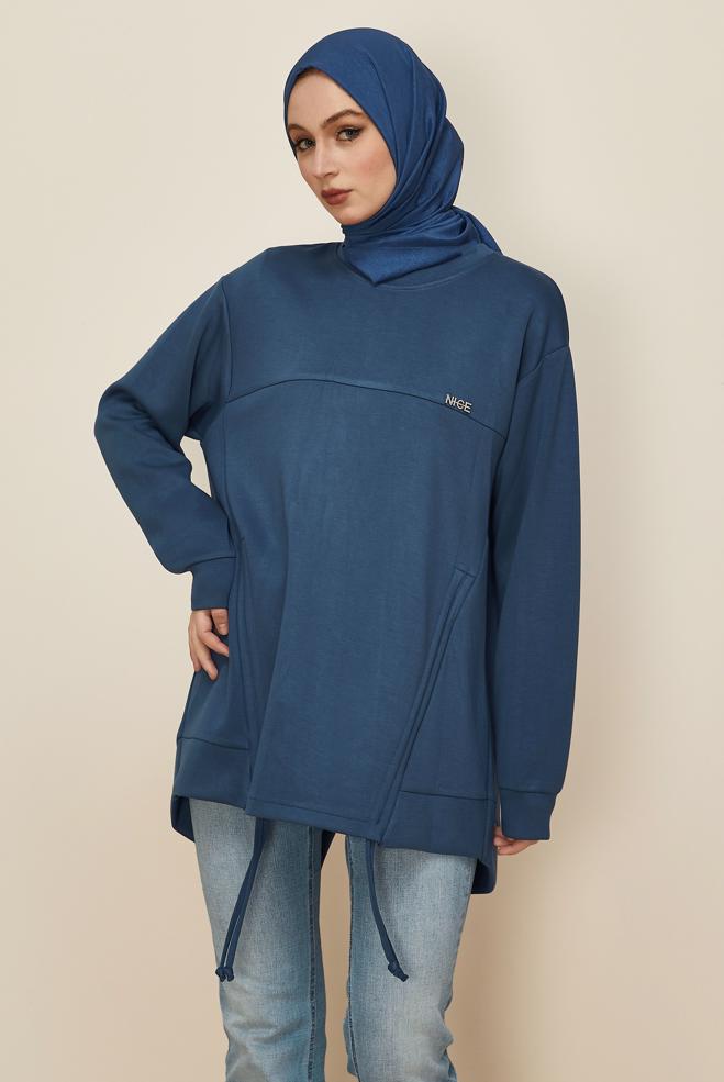 Tesettür giyim MAVİ BÜZGÜ DETAYLI EŞOFMAN TUNİK 46095 - ALVİNA