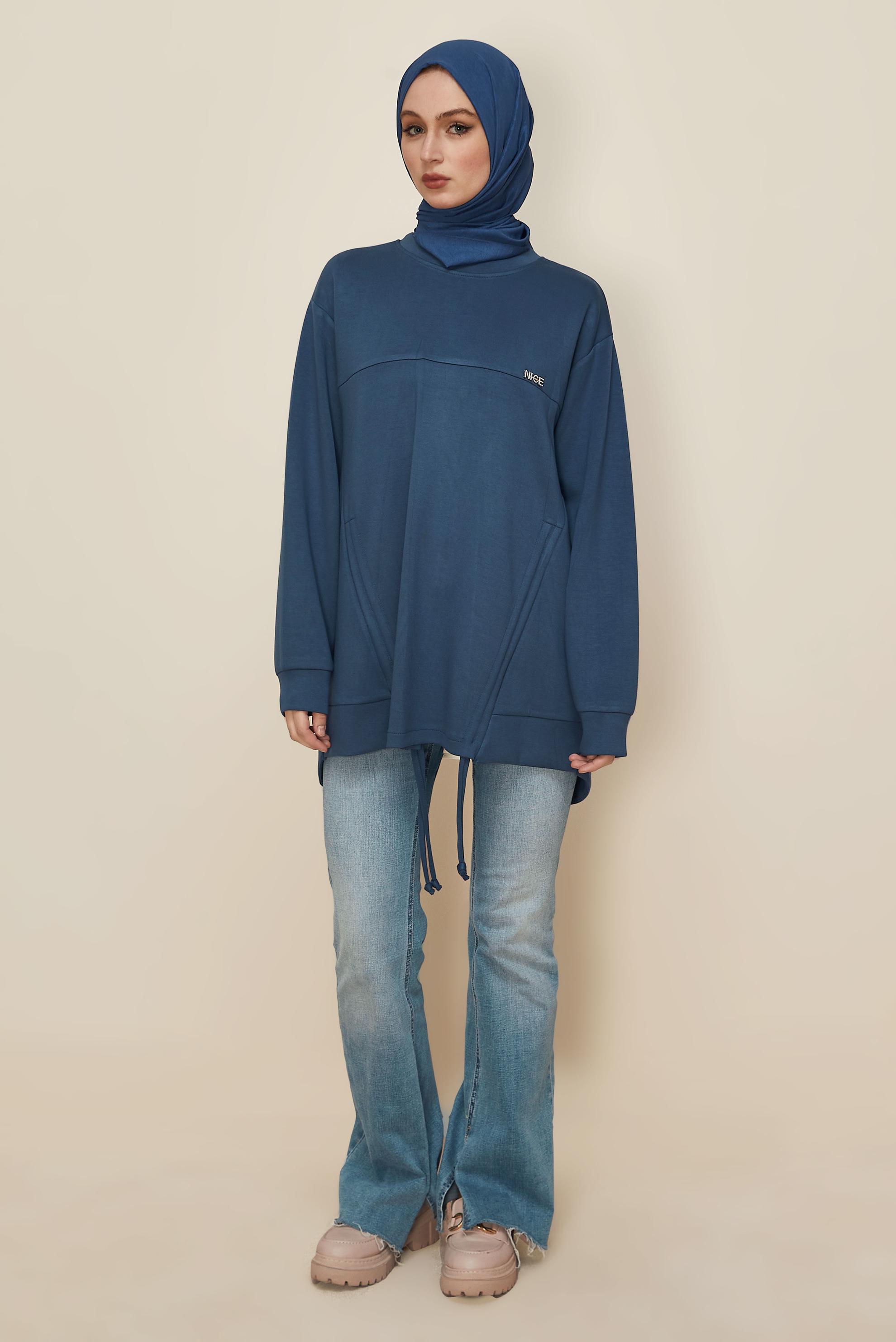 Tesettür giyim MAVİ BÜZGÜ DETAYLI EŞOFMAN TUNİK 46095