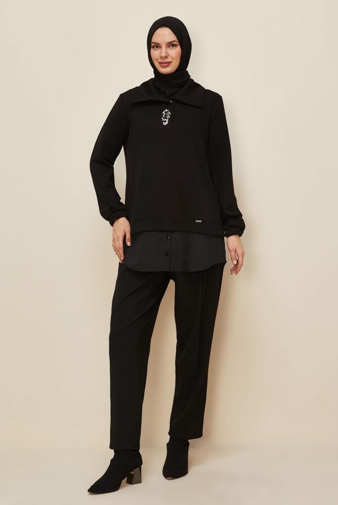 Tesettür giyim SİYAH GÖMLEK GARNİLİ EŞOFMAN TUNİK 46110 - ALVİNA