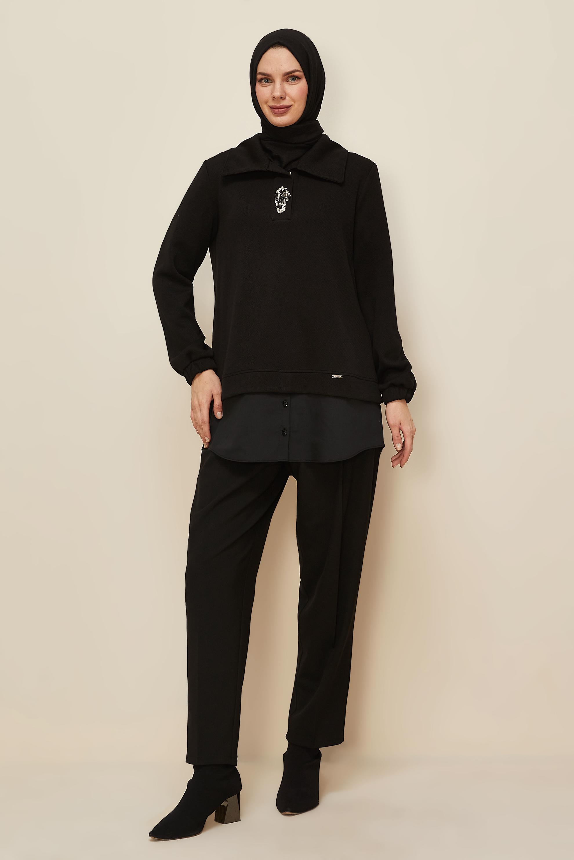 Tesettür giyim SİYAH GÖMLEK GARNİLİ EŞOFMAN TUNİK 46110