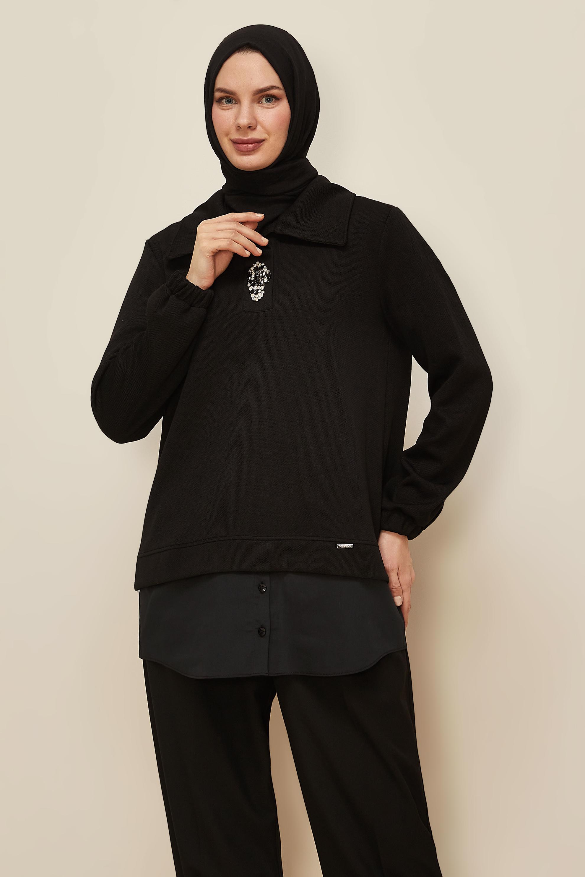 Tesettür giyim SİYAH GÖMLEK GARNİLİ EŞOFMAN TUNİK 46110