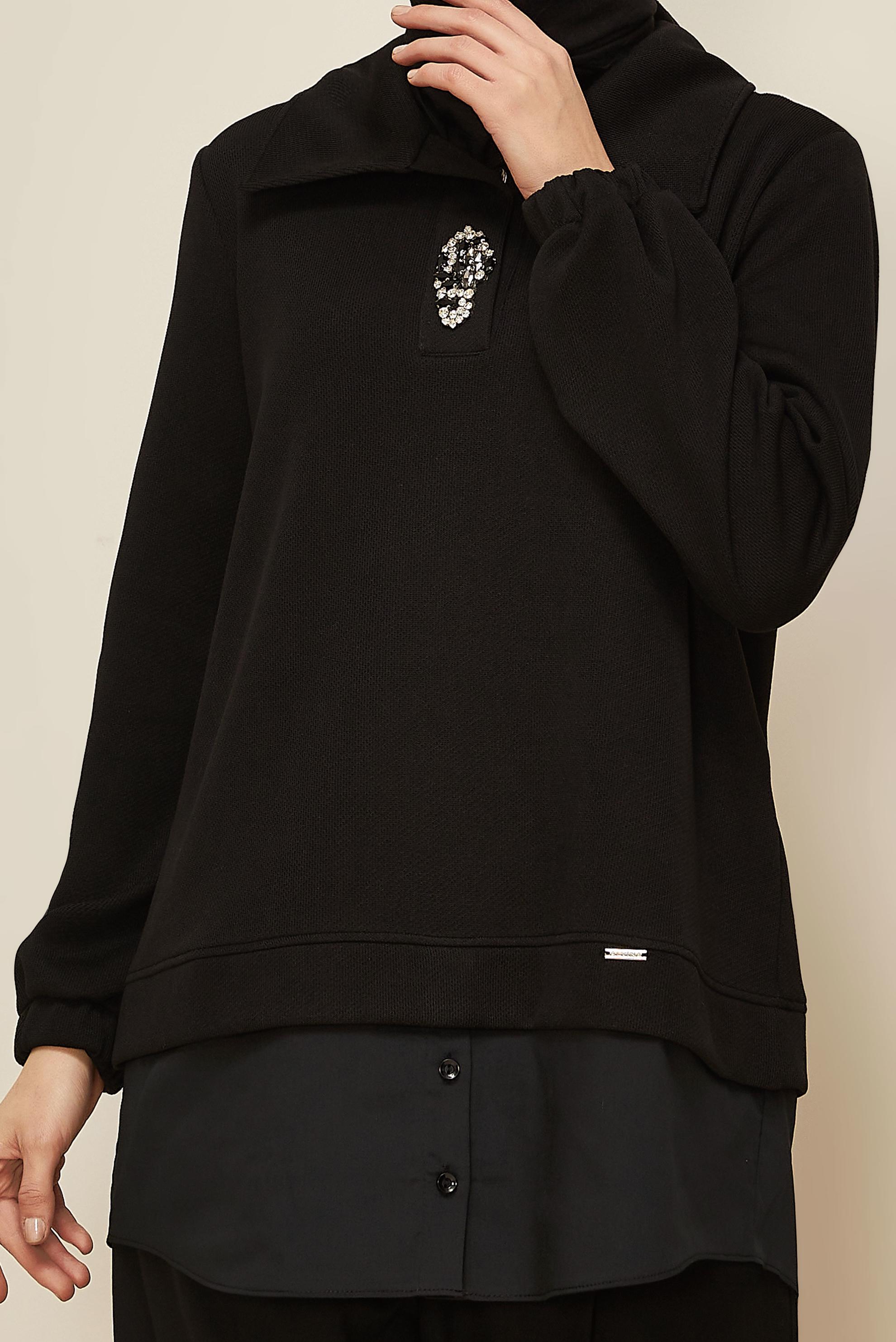 Tesettür giyim SİYAH GÖMLEK GARNİLİ EŞOFMAN TUNİK 46110