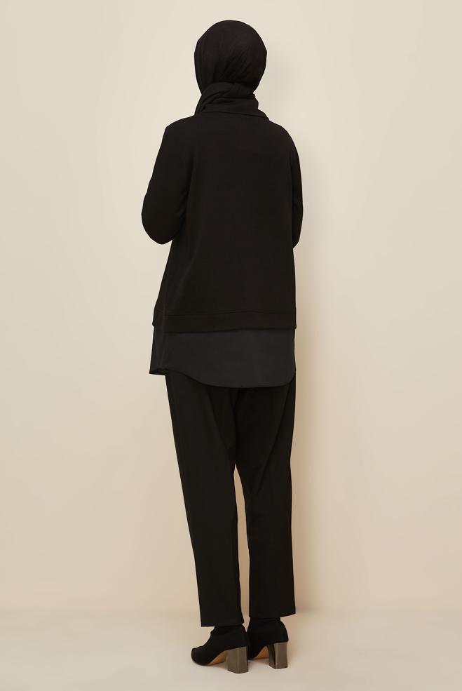 Tesettür giyim SİYAH GÖMLEK GARNİLİ EŞOFMAN TUNİK 46110 - ALVİNA