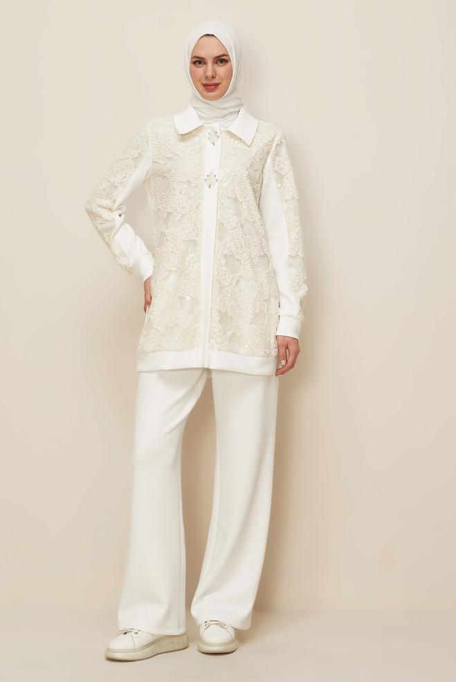 Vêtements hijab BLANC ENSEMBLE DE SURVÊTEMENT À PAILLETTES 46154 - ALVİNA