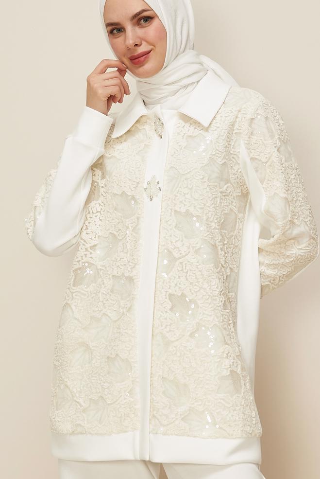 Vêtements hijab BLANC ENSEMBLE DE SURVÊTEMENT À PAILLETTES 46154 - ALVİNA
