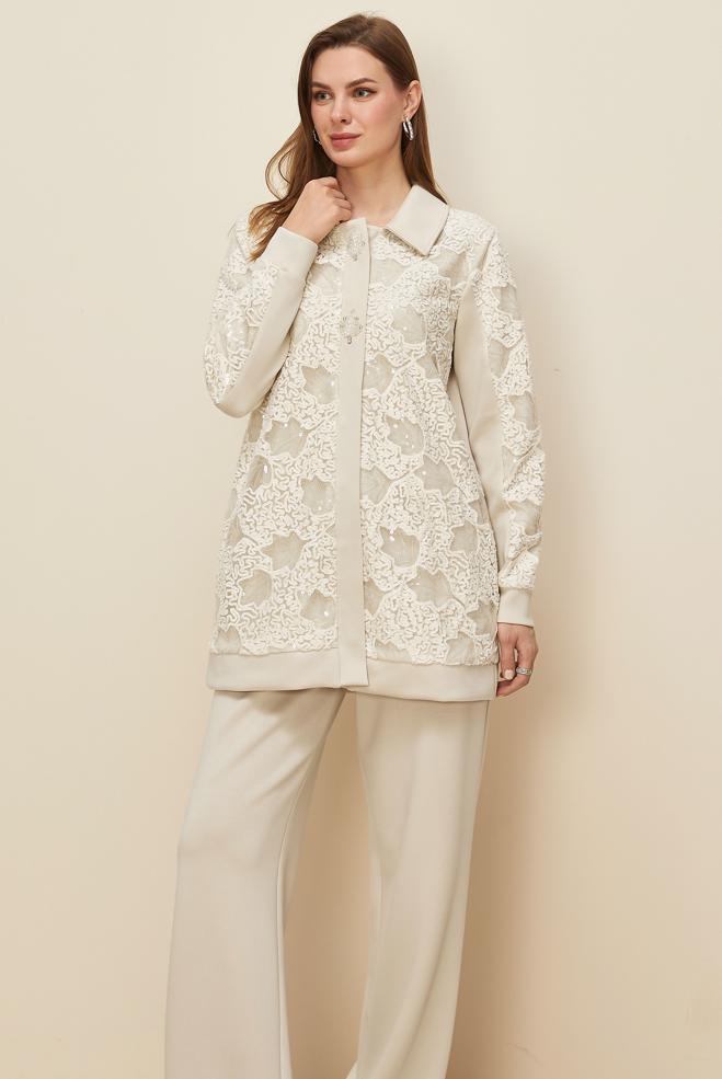Vêtements hijab BEIGE ENSEMBLE DE SURVÊTEMENT À PAILLETTES 46154 - ALVİNA