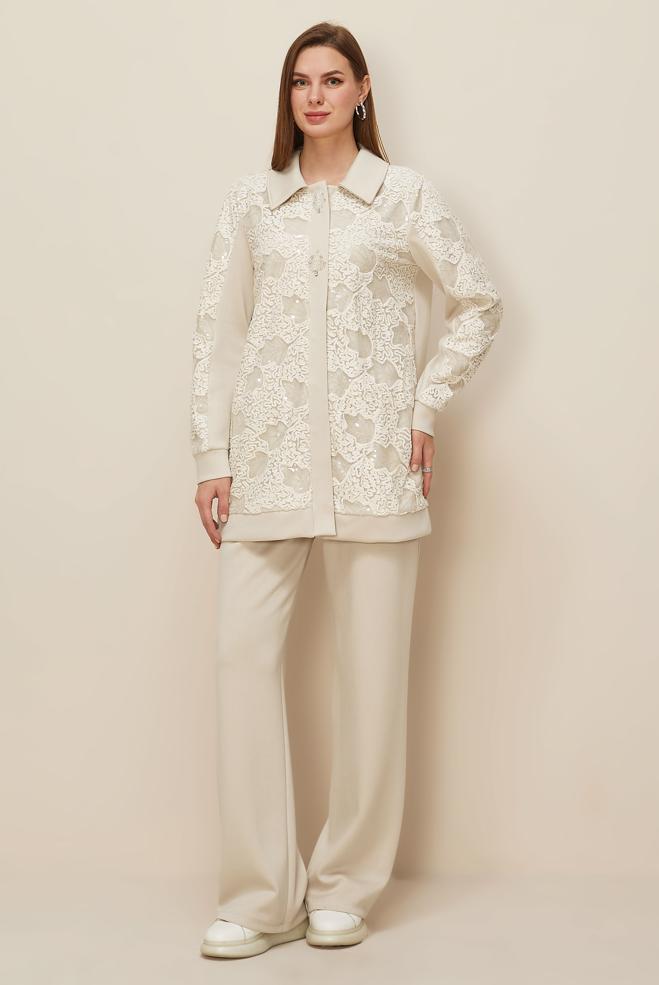 Vêtements hijab BEIGE ENSEMBLE DE SURVÊTEMENT À PAILLETTES 46154 - ALVİNA