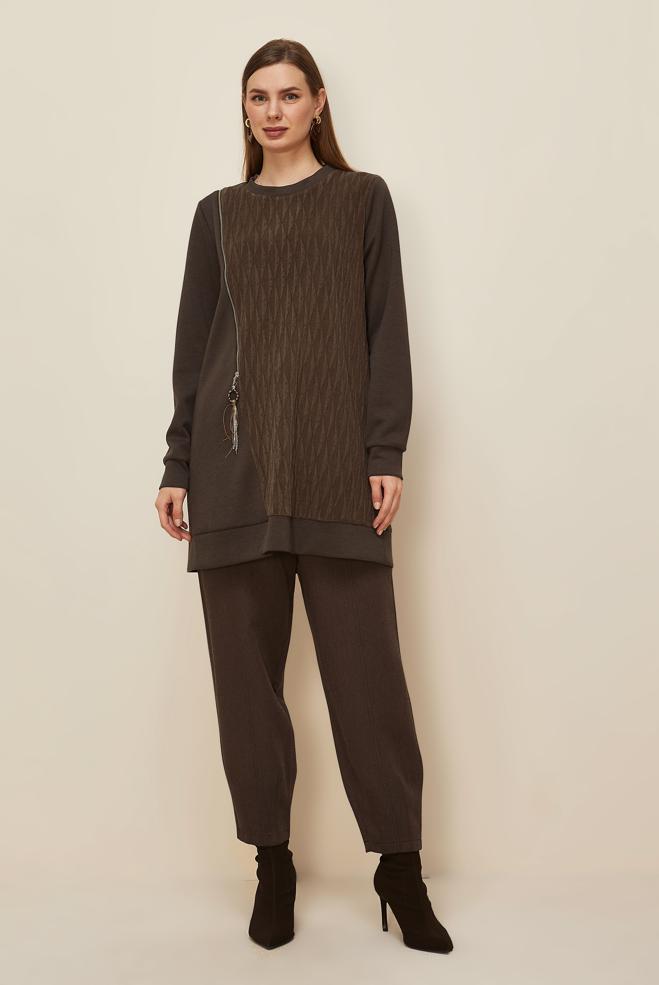 Tesettür giyim KAHVE 46156 OYSHO EŞOFMAN TUNİK 38-46 - ALVİNA