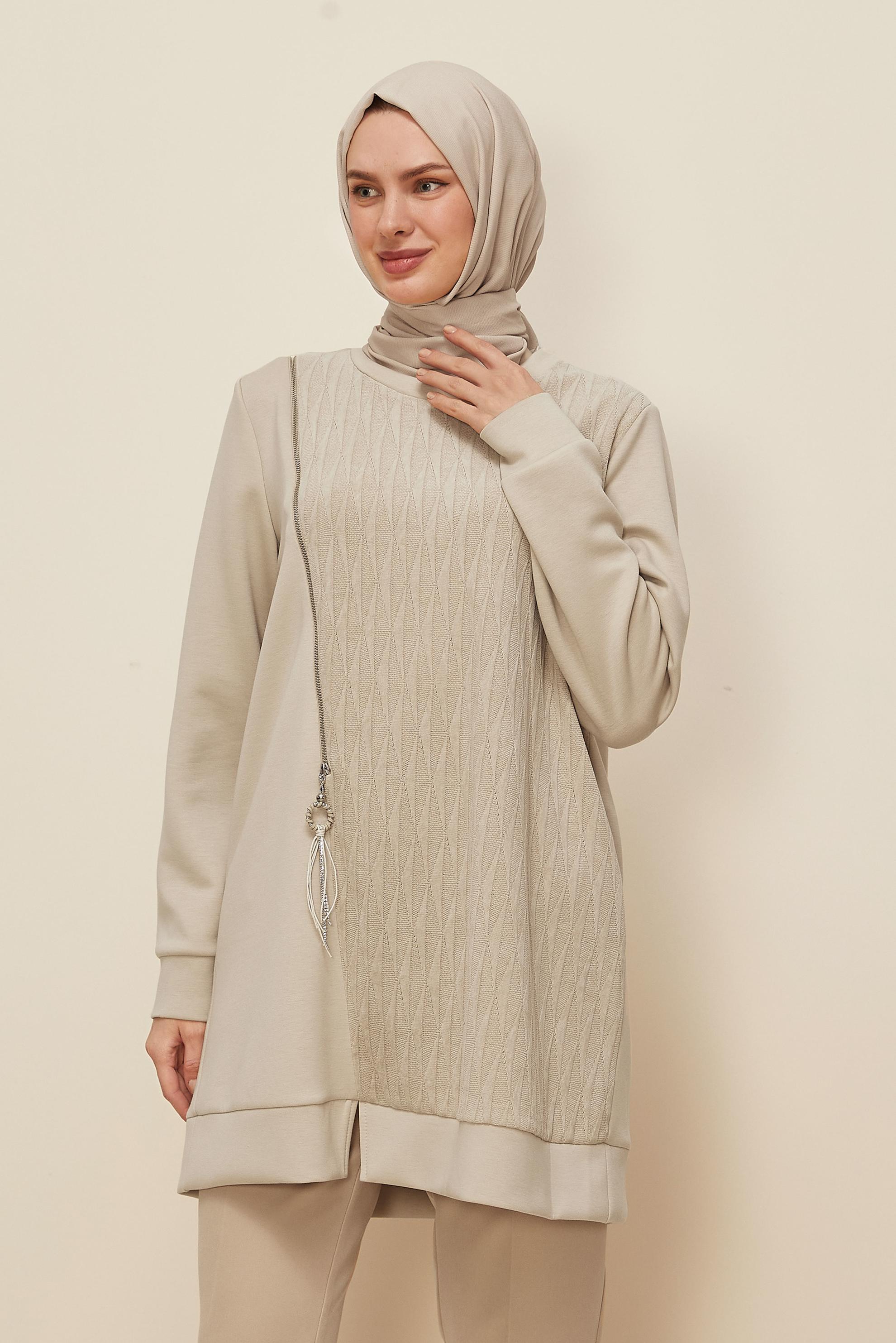 Tesettür giyim BEJ EŞOFMAN TUNİK 46156