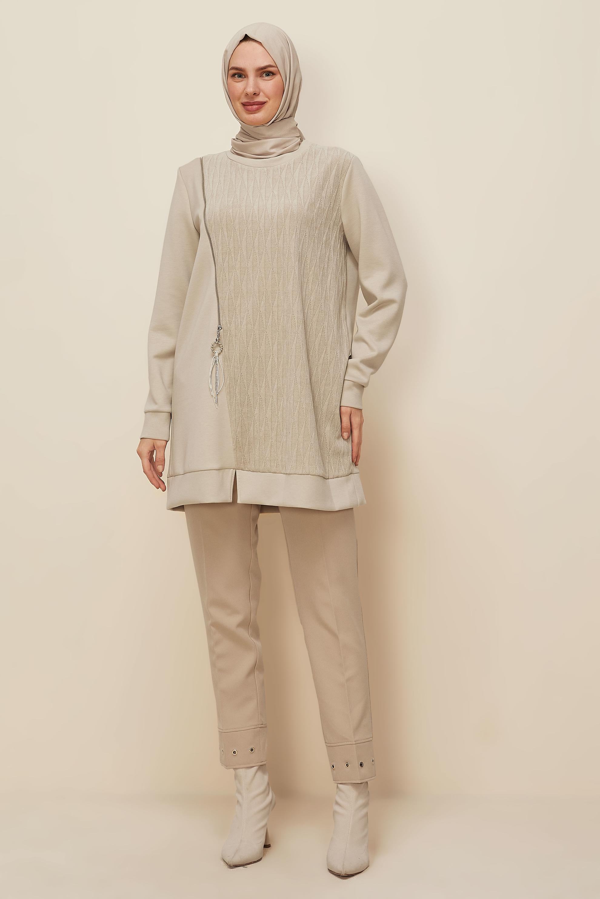Tesettür giyim BEJ EŞOFMAN TUNİK 46156