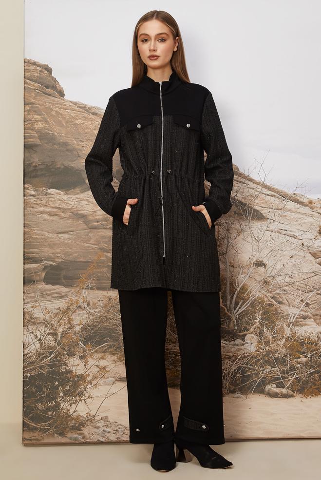 Hijab clothing BLACK SMOCKED WAIST TRACKSUIT SET 46170 - ALVİNA