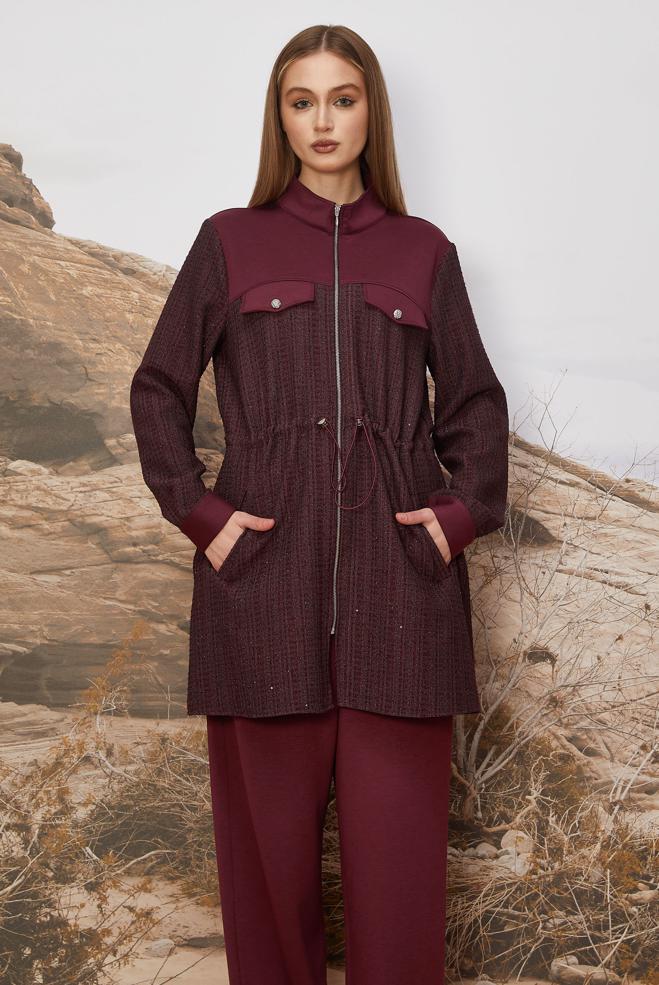 Hijab clothing CLARET RED SMOCKED WAIST TRACKSUIT SET 46170 - ALVİNA