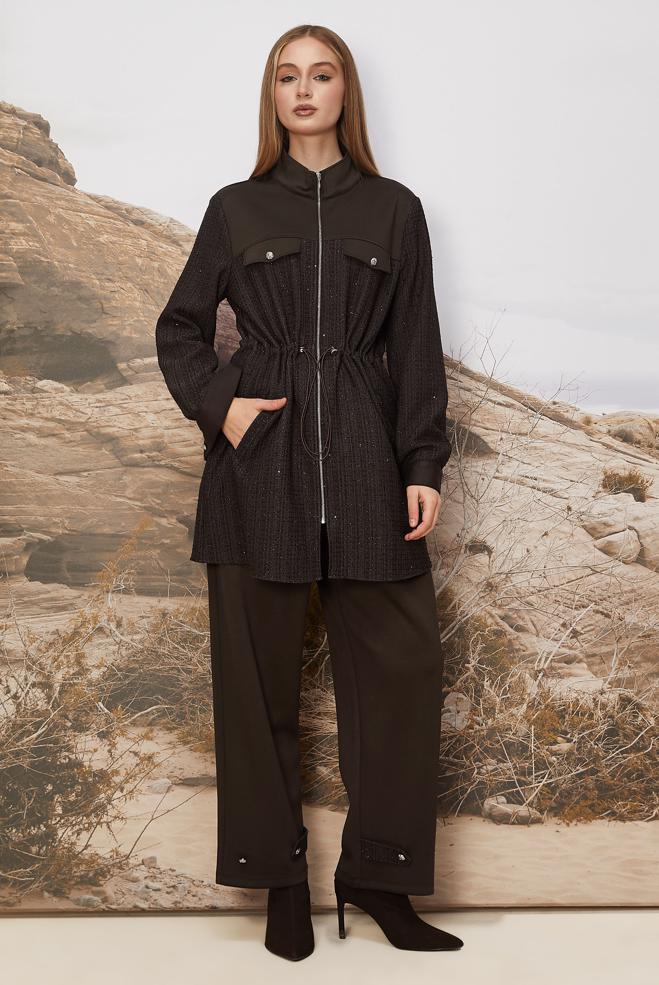 Hijab clothing BROWN SMOCKED WAIST TRACKSUIT SET 46170 - ALVİNA