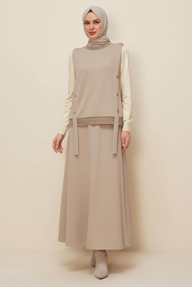 Tesettür giyim BEJ ETEKLİ EŞOFMAN TAKIMI 46193 - ALVİNA