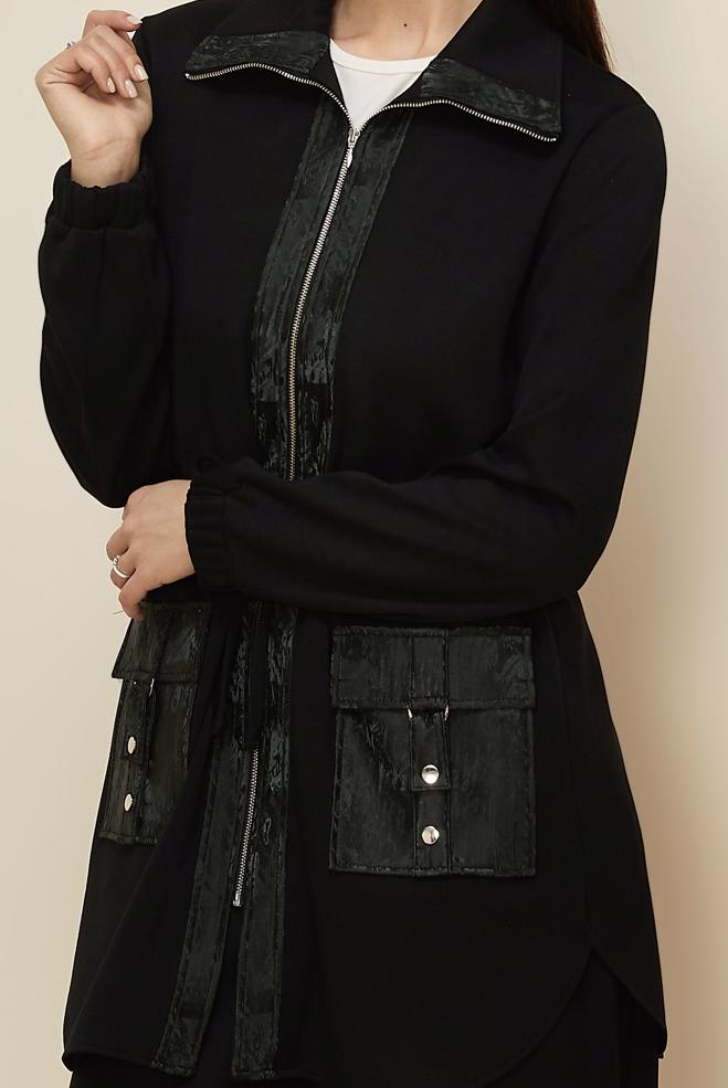 Tesettür giyim SİYAH PANTOLONLU BELİ BÜZGÜLÜ EŞOFMAN TAKIMI 46234 - ALVİNA