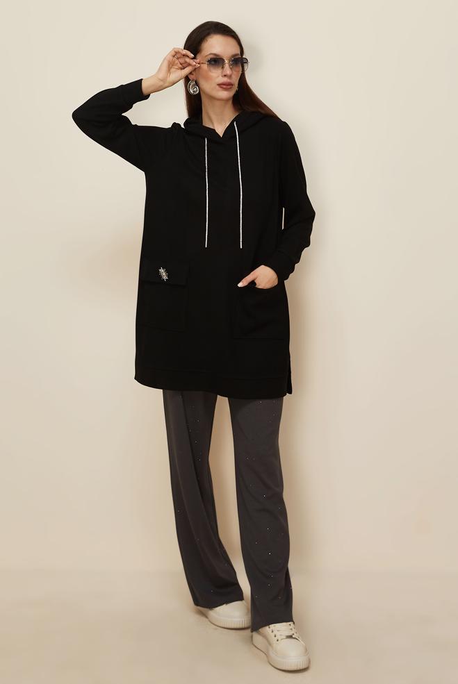 Tesettür giyim SİYAH KAPÜŞONLU EŞOFMAN TUNİK 46255 - ALVİNA