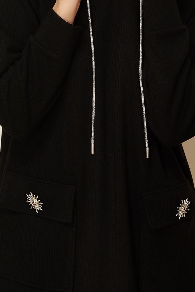 Tesettür giyim SİYAH KAPÜŞONLU EŞOFMAN TUNİK 46255 - ALVİNA