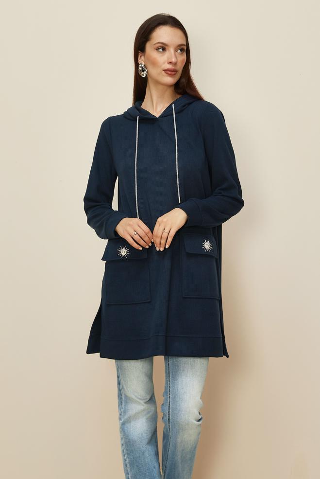 Vêtements hijab BLEU MARINE TUNIQUE DE SURVÊTEMENT À CAPUCHE 46255 - ALVİNA