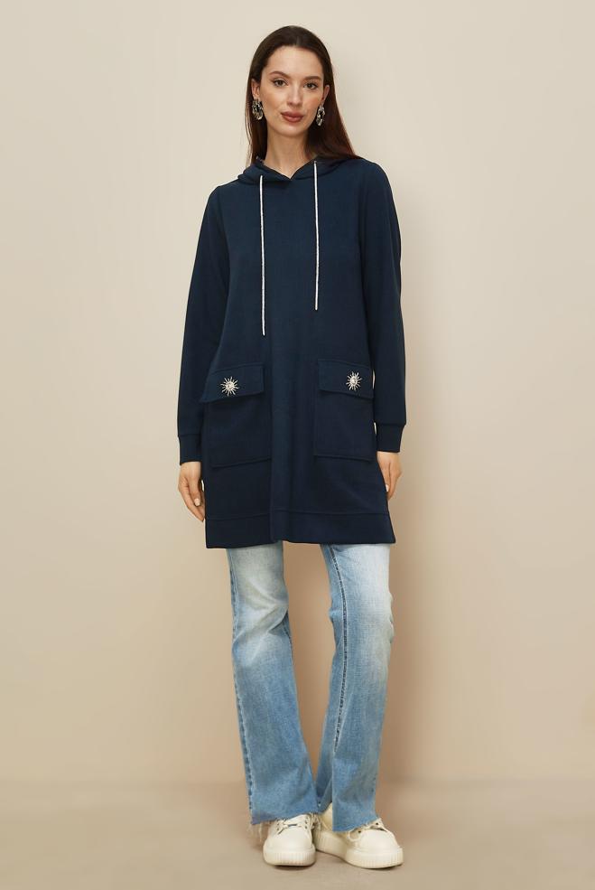 Vêtements hijab BLEU MARINE TUNIQUE DE SURVÊTEMENT À CAPUCHE 46255 - ALVİNA