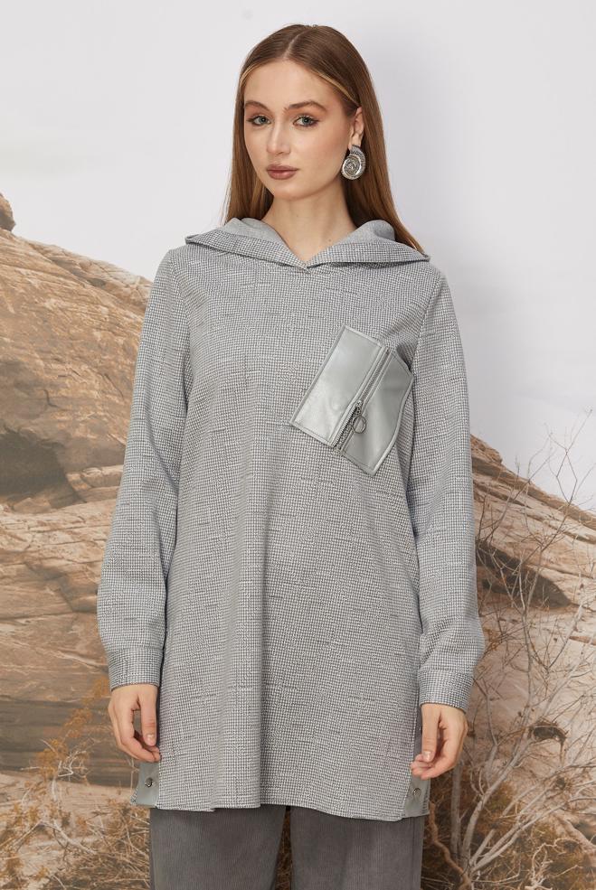 Tesettür giyim GRİ FERMUAR DETAYLI EŞOFMAN TUNİK 46257 - ALVİNA