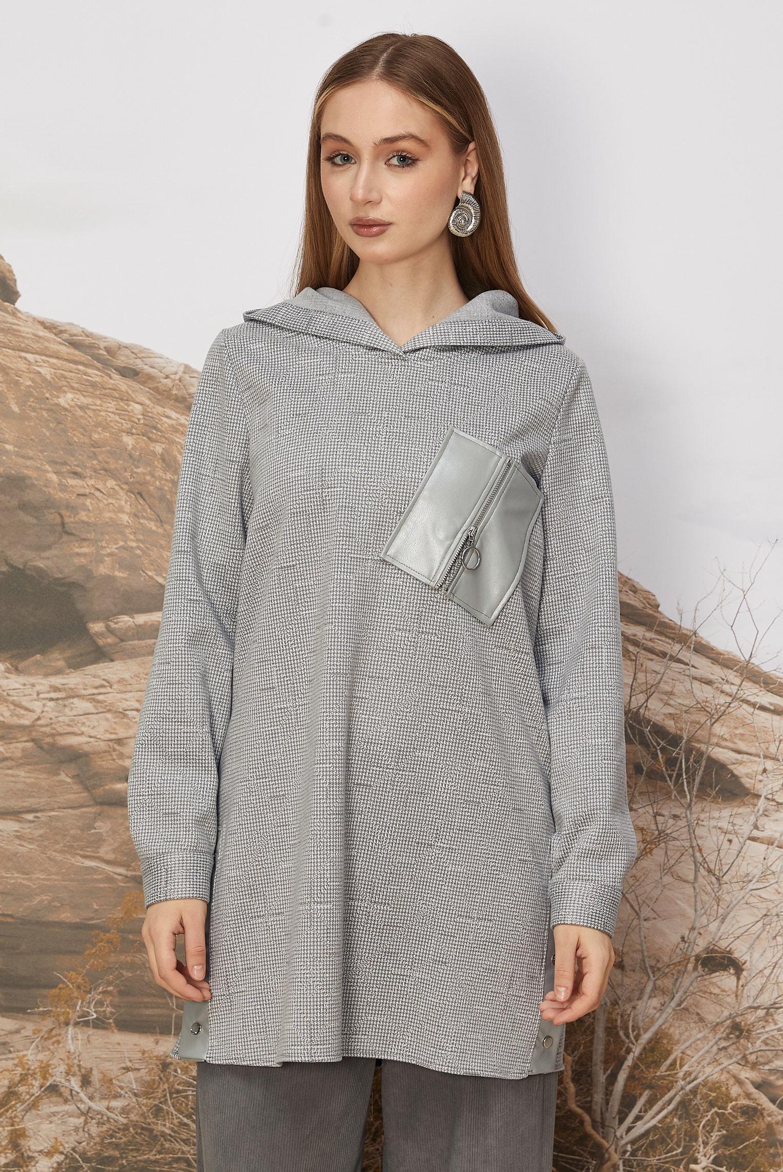 Tesettür giyim GRİ FERMUAR DETAYLI EŞOFMAN TUNİK 46257