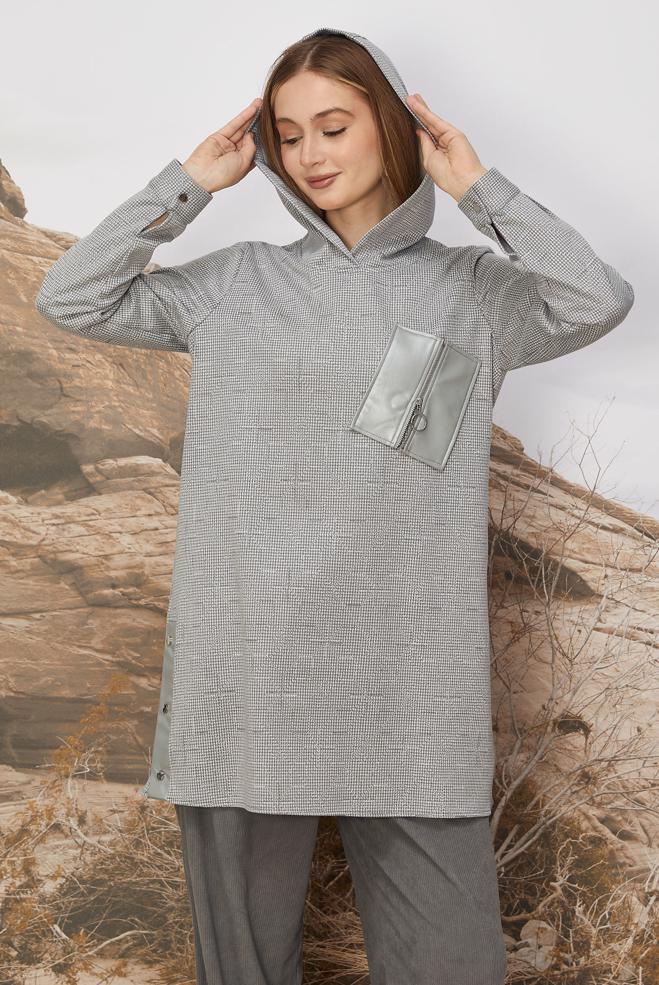 Tesettür giyim GRİ FERMUAR DETAYLI EŞOFMAN TUNİK 46257 - ALVİNA