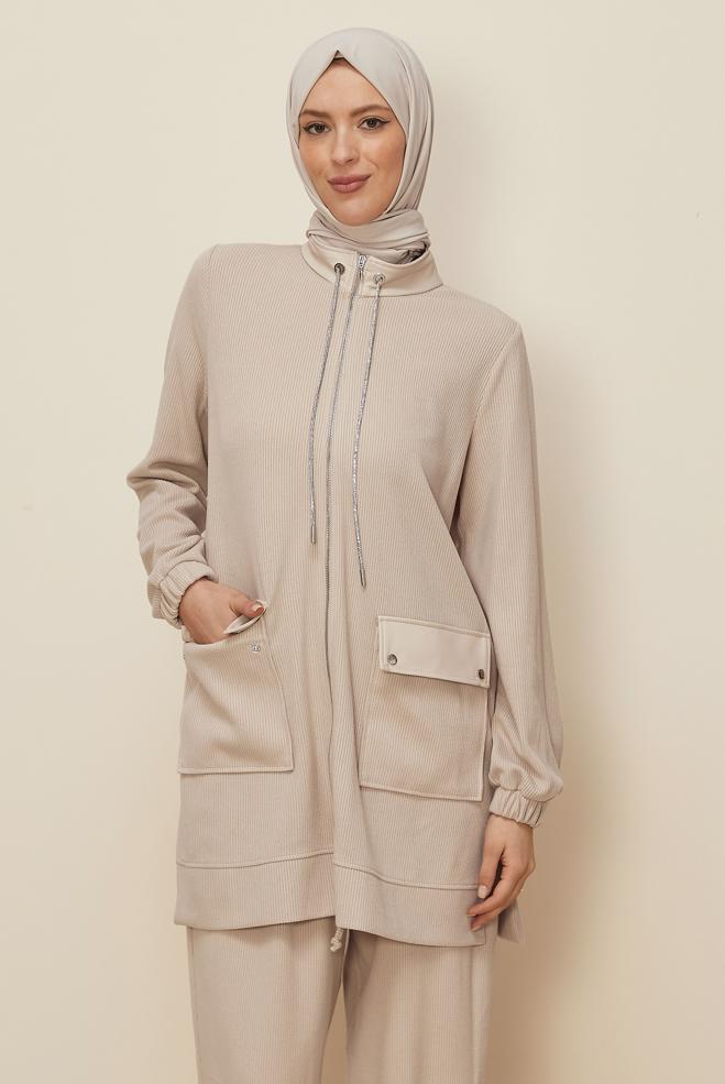 Hijab clothing BEIGE ZIPPERED TRACKSUIT SET 46263 - ALVİNA