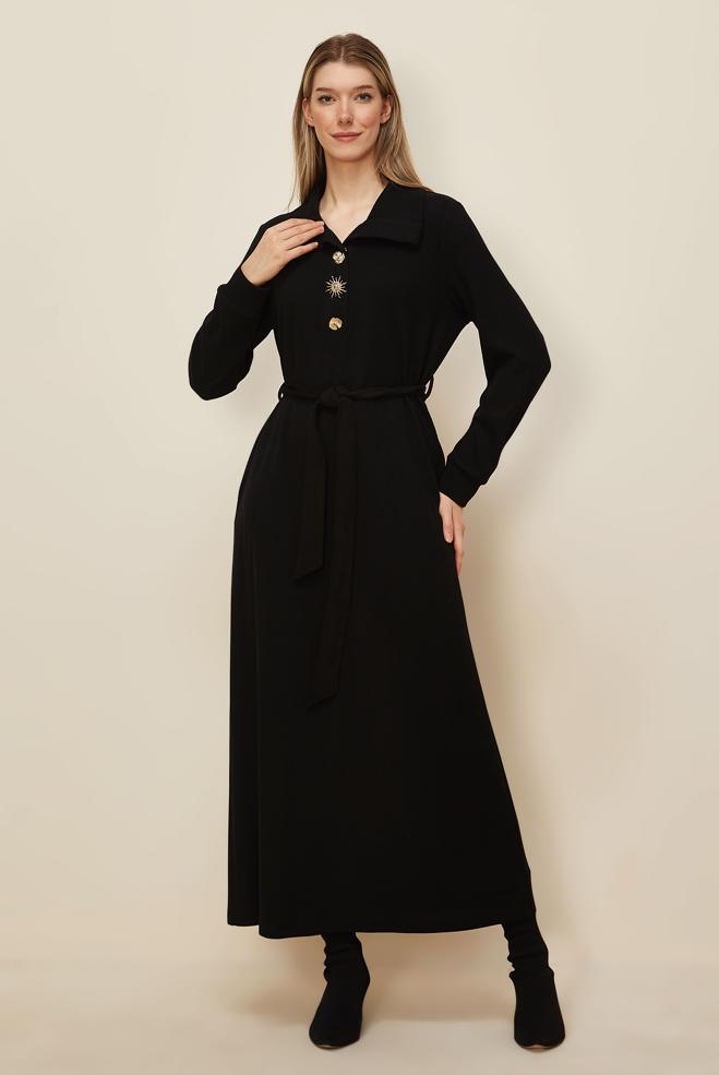 Tesettür giyim SİYAH KUŞAKLI EŞOFMAN ELBİSE 46264 - ALVİNA