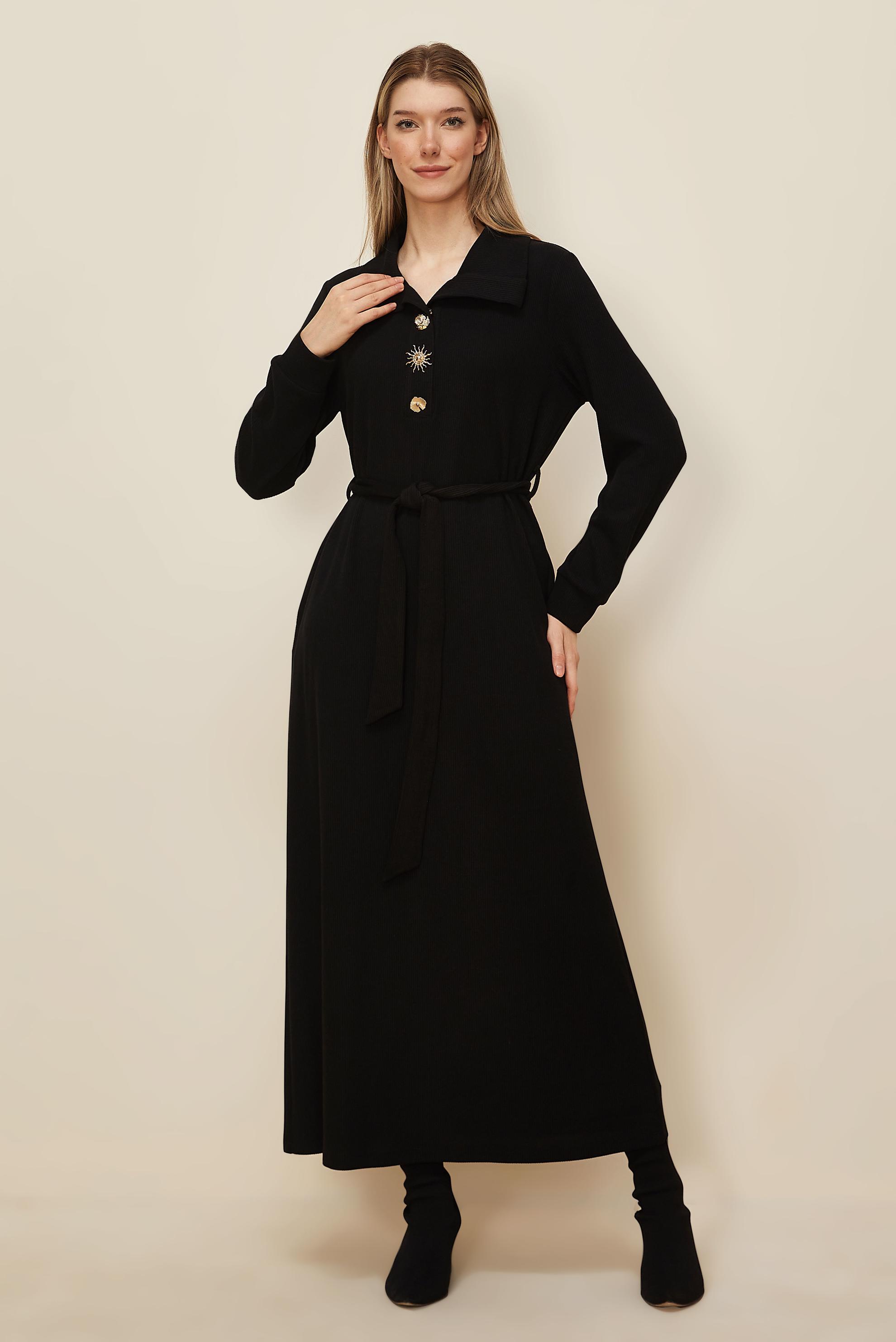 Tesettür giyim SİYAH KUŞAKLI EŞOFMAN ELBİSE 46264