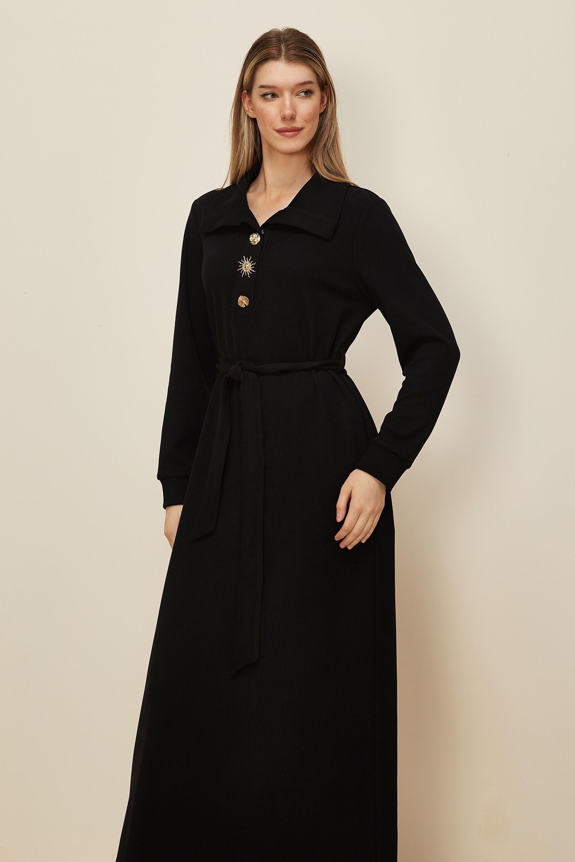 Tesettür giyim SİYAH KUŞAKLI EŞOFMAN ELBİSE 46264