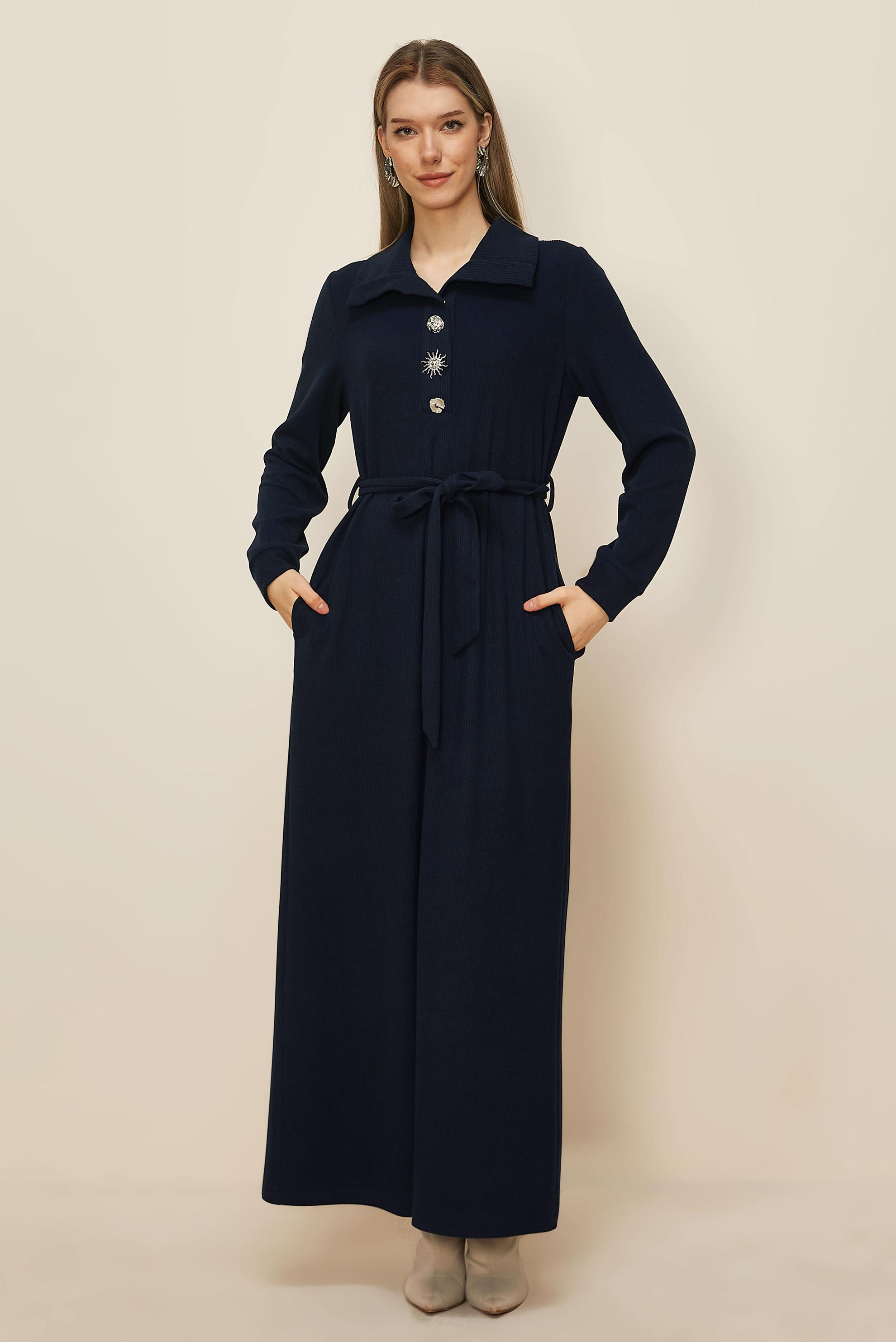 Tesettür giyim LACİVERT KUŞAKLI EŞOFMAN ELBİSE 46264