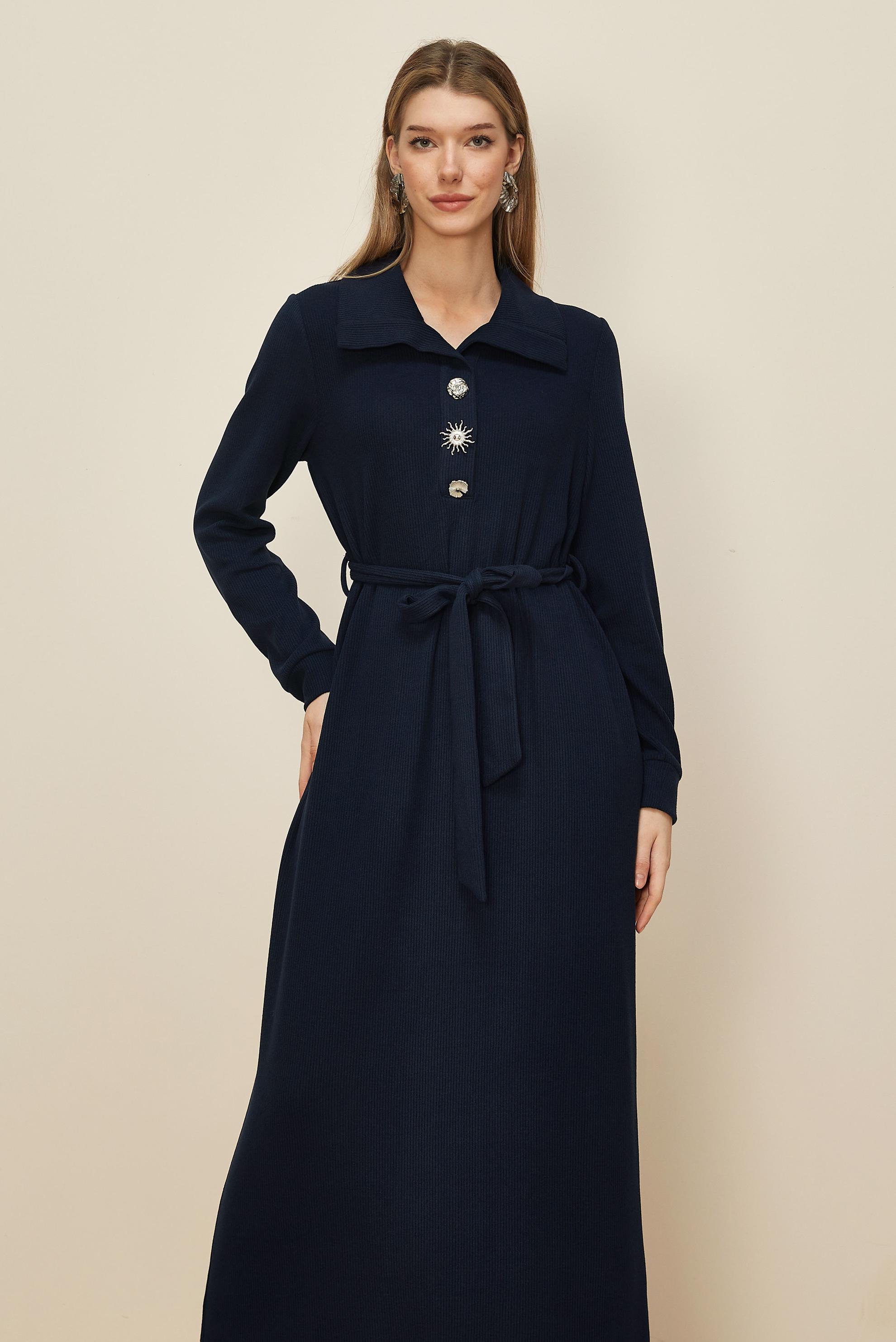 Tesettür giyim LACİVERT KUŞAKLI EŞOFMAN ELBİSE 46264