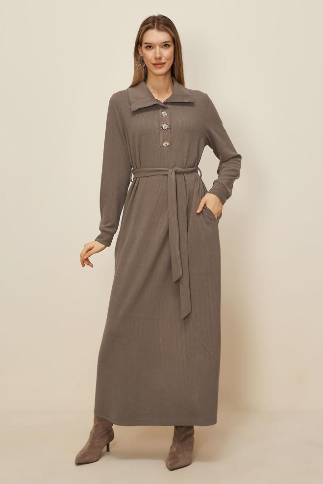 Tesettür giyim VİZON KUŞAKLI EŞOFMAN ELBİSE 46264 - ALVİNA