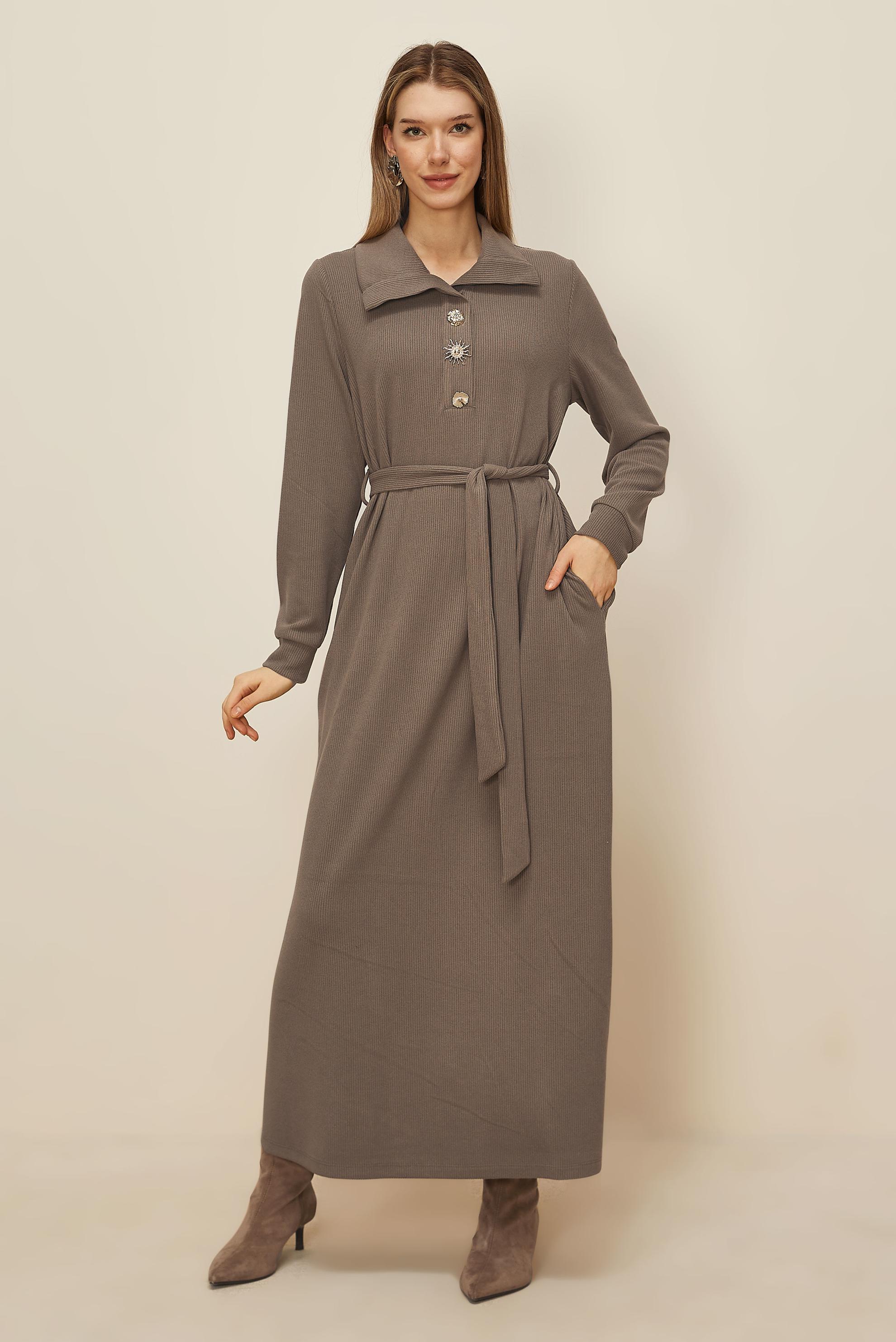 Tesettür giyim VİZON KUŞAKLI EŞOFMAN ELBİSE 46264