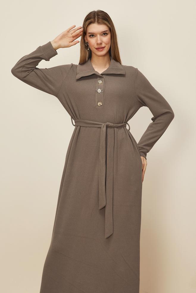 Tesettür giyim VİZON KUŞAKLI EŞOFMAN ELBİSE 46264 - ALVİNA