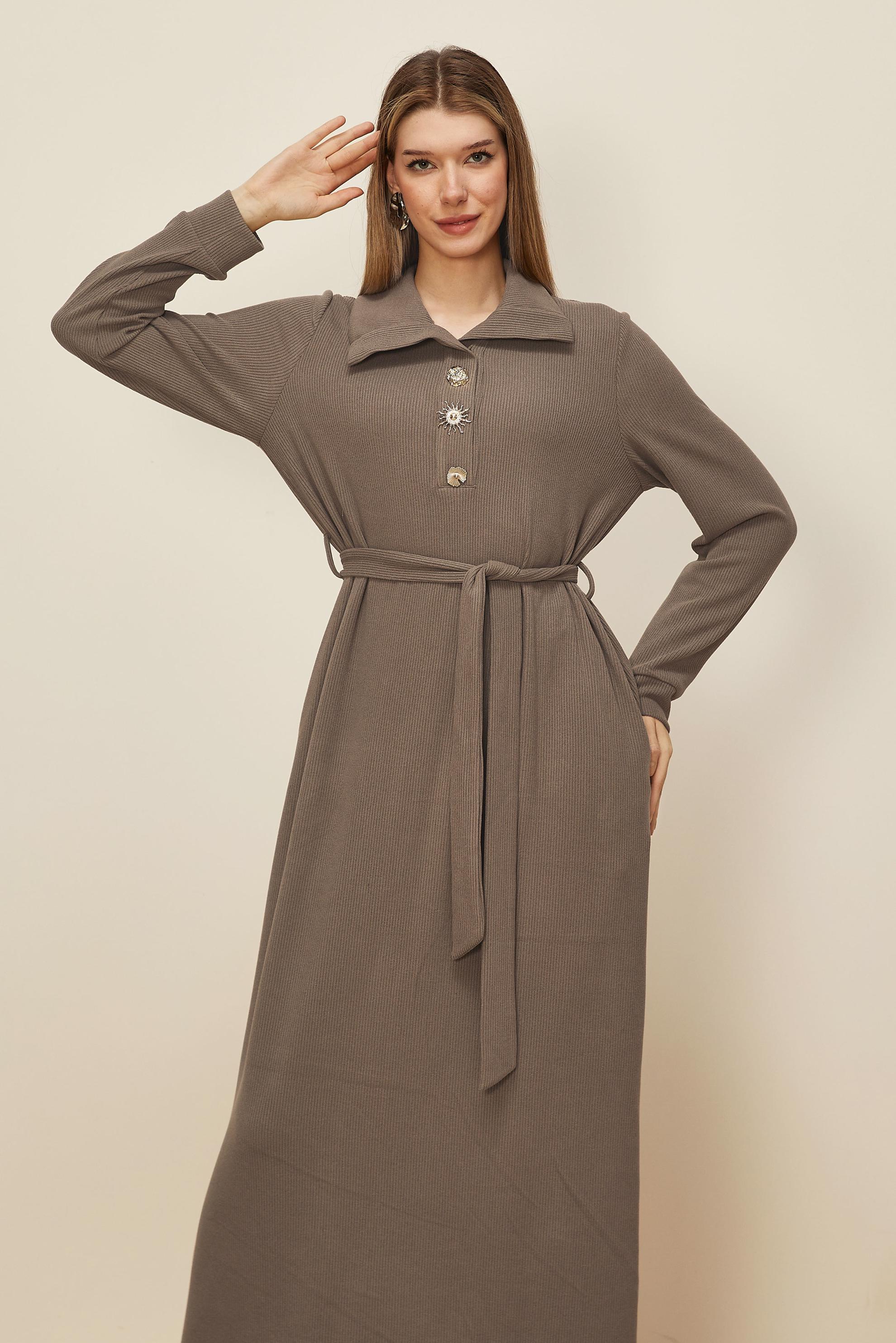 Tesettür giyim VİZON KUŞAKLI EŞOFMAN ELBİSE 46264