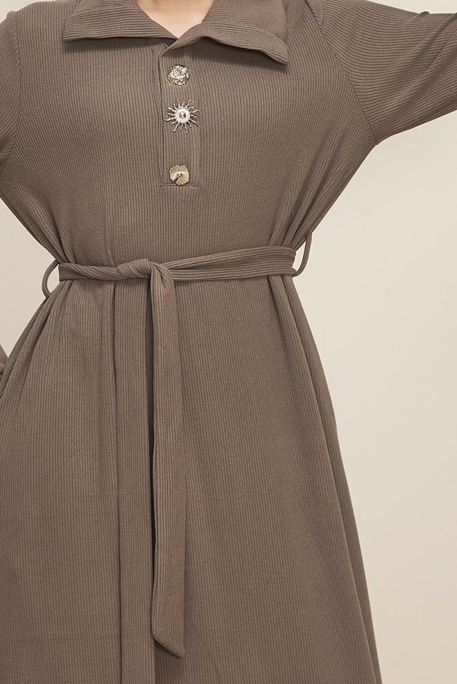 Tesettür giyim VİZON KUŞAKLI EŞOFMAN ELBİSE 46264 - ALVİNA