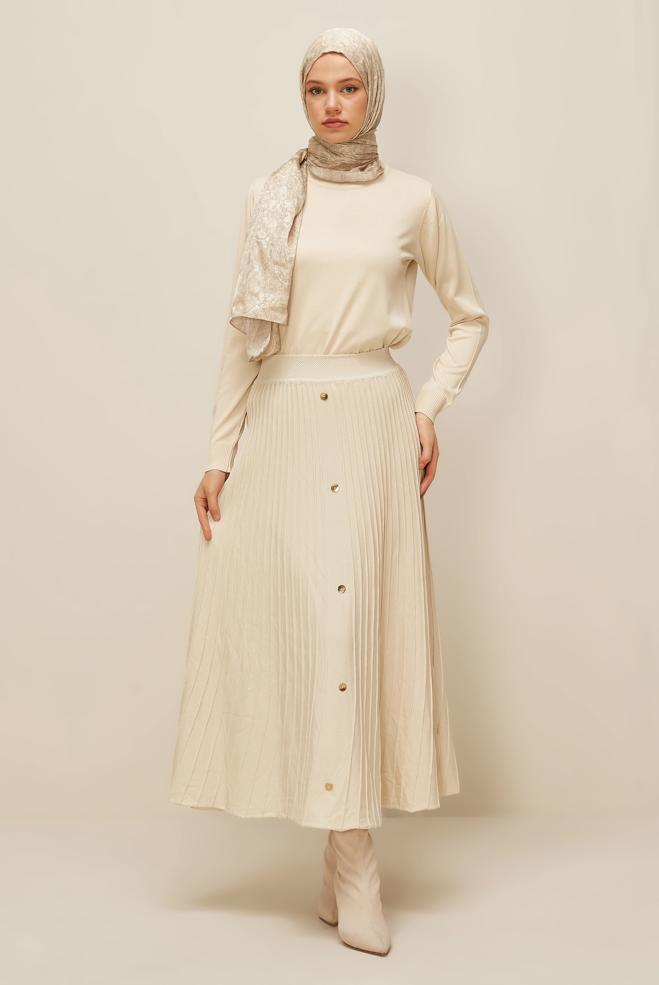 Hijab clothing BEIGE BUTTON DETAILED KNITWEAR SKIRT 60700 - ALVİNA